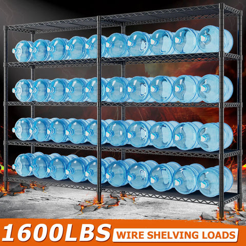 Heavy Duty Five Tier Storage Shelving Unit With Extra Wide 69.8 Inch Wire Rack Holds Up To 1600 Lbs Total Perfect For Garage Workshop Home Storage And Warehouse Organization. Black wire shelving with 5 tiers loaded with water jugs