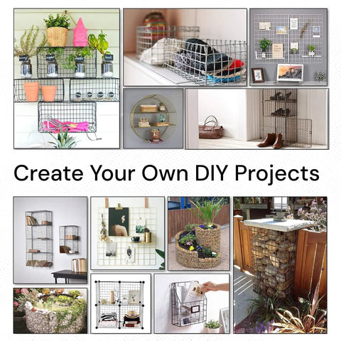 Collage of DIY projects using Chicken Wire Mesh Hardware Cloth 16 Inch By 15 Foot 18 Gauge for home décor and garden enclosures.