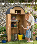 All In One Outdoor Storage Shed With Domed Roof Waterproof Tool Cabinet And Lockable Multi Functional Organizer For Patio Lawn Backyard Five Storage Spaces And Double Doors Solid Wood showcasing garden tools