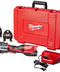 M12 Force Logic Press Tool One Half To One Inch Kit with red case, battery charger, and copper fitting jaws for plumbing projects.