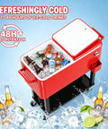 Red 80QT Rolling Cooler On Wheels With Bottle Opener Outdoor Beverage Cooler for Patio and Backyard BBQ Beach Trip or Party Holds Up To 100 Cans Keeps Drinks Cold 48 Hours And Warm 8 Hours Easy Access Storage Tray with visible ice and drinks inside