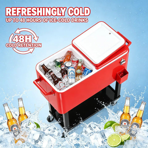 Red 80QT Rolling Cooler On Wheels With Bottle Opener Outdoor Beverage Cooler for Patio and Backyard BBQ Beach Trip or Party Holds Up To 100 Cans Keeps Drinks Cold 48 Hours And Warm 8 Hours Easy Access Storage Tray with visible ice and drinks inside