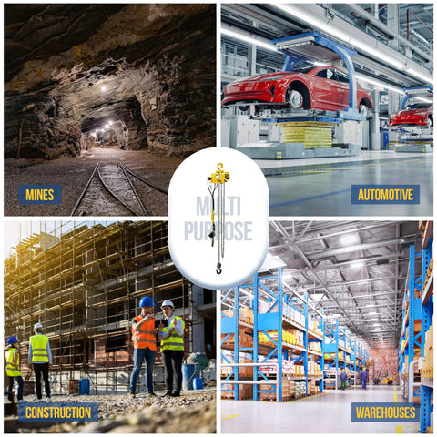 Budgit 2200 Series 1/2-ton pneumatic air hoist with pendant control, center collage of industrial scenes.