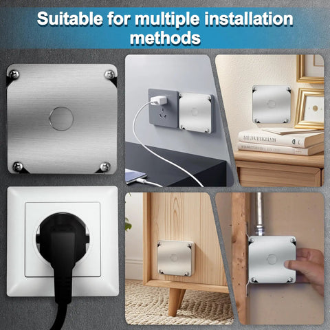 Built Tough 4 Inch Square Metal Electrical Box Covers Set Of 6 With One Half Inch Knockout And Angled Mounting Slots For Easy Flush Install On Standard Junction Boxes, metal cover shown on wall and outlet installs