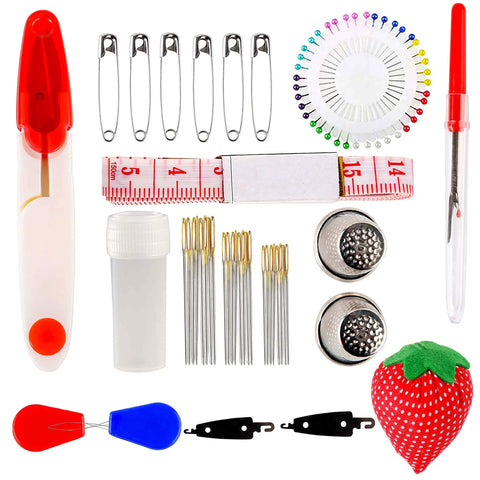 Sewing and embroidery tools from Dope Embroidery Floss Kit With Organizer Box, including needles, pins, thimbles, and a tape measure.