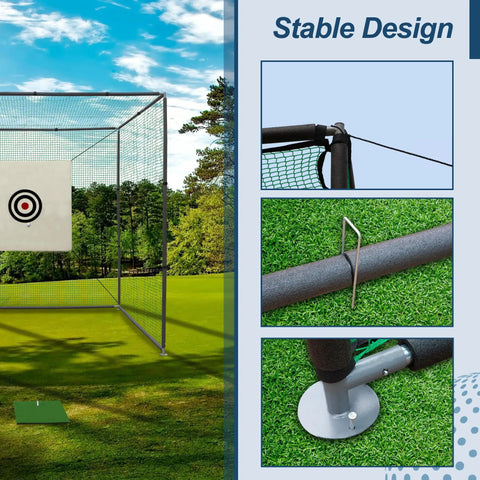 10x10x10 Ft Golf Practice Net Cage with metal frame, target cloth, outdoor use, stable design features, backyard setup
