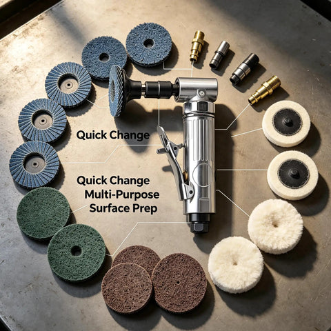 1/4 Inch Angle Air Die Grinder Badass Heavy Duty Tool With 22 Piece Quick Change Sanding Kit on a workbench with various discs.