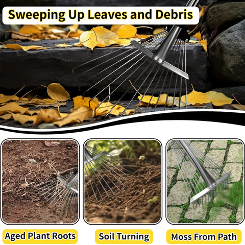 Heavy Duty Adjustable Leaf Rake With Extendable 33 To 69 Inch Handle and 8 To 15 Inch Expandable Head sweeping leaves
