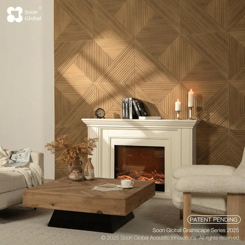Big League Acoustic Wall Panels Providing Legit Sound Absorption And Straight Up Echo Control For Home Studios Or Listening Rooms Constructed From Heavy Duty Groove Patterned Polyester Fiber with wood-like design.