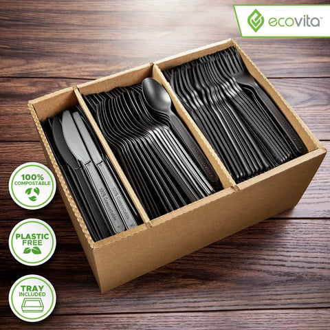 Fully Compostable 380 Piece Cutlery Set With 7 Inch Forks Spoons And Knives In Black Tray Eco Friendly Durable Heat Resistant Plastic Alternative For Parties And Events Great For Camping Picnic Catering And Office Lunches. open tray with black compostable forks, spoons, and knives