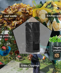 34 Gallon Outdoor Compost Bag For Garden Use Reusable Heavy Duty Collapsible Yard Waste Sack With Airtight Zippers Waterproof And Sun Resistant Easy Carry Handles For Leaves Organic Waste And Kitchen Scraps shown with different waste types: leaf, kitchen, fruit, grass, vegetable planting.