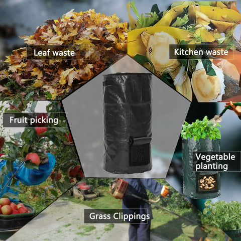 34 Gallon Outdoor Compost Bag For Garden Use Reusable Heavy Duty Collapsible Yard Waste Sack With Airtight Zippers Waterproof And Sun Resistant Easy Carry Handles For Leaves Organic Waste And Kitchen Scraps shown with different waste types: leaf, kitchen, fruit, grass, vegetable planting.