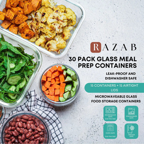 30 Piece Glass Food Storage Containers Set With Lids For Meal Prep And Leftovers, Airtight Leakproof Snap Locking Lids next to vegetables