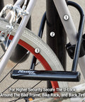 Six And One Eighth Inch Wide U Lock With Eight Inch Shackle For Bikes Heavy Duty Bicycle Lock in use securing bike frame and tire