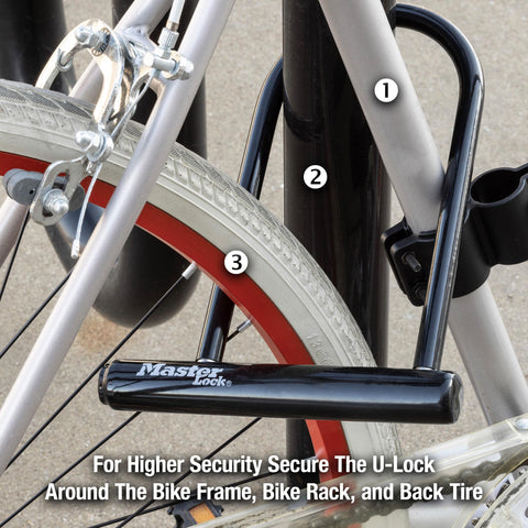 Six And One Eighth Inch Wide U Lock With Eight Inch Shackle For Bikes Heavy Duty Bicycle Lock in use securing bike frame and tire