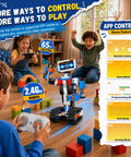 Kids playing with Awesome Remote Control Robot Building Kit For Kids Ages 6 To 12 With App Control and coding lessons indoors.