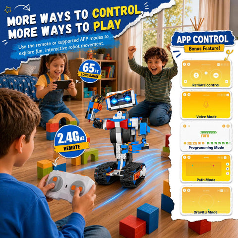 Kids playing with Awesome Remote Control Robot Building Kit For Kids Ages 6 To 12 With App Control and coding lessons indoors.