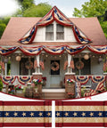 Patriotic Flag Bunting Set, 2 Pack Of 2x20 Ft Outdoor Banners on cottage porch for 4th of July and 250th anniversary decor