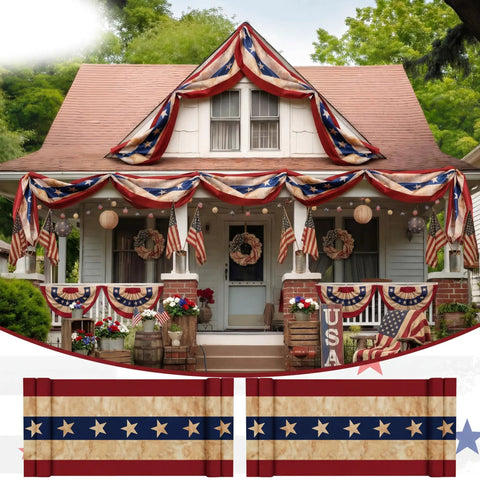 Patriotic Flag Bunting Set, 2 Pack Of 2x20 Ft Outdoor Banners on cottage porch for 4th of July and 250th anniversary decor
