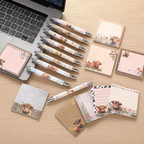 Highland Cow Desk Accessories Set With 9 Cute Sticky Notes And 9 Totally Cute Kawaii Pens 3x3 Inch Notepads on desk