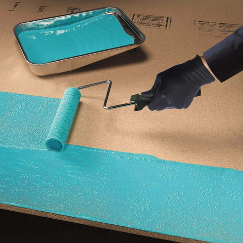 Applying Neutral contact adhesive 30NF for laminate, foam, wood, plywood and canvas with roller, visible in wet-state application