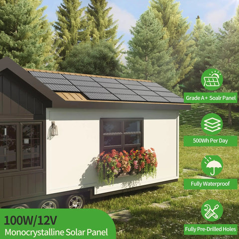 Heavy Duty 100 Watt Solar Panel Featuring Top Shelf N Type Cells And 16 Busbars mounted on a tiny home roof, providing off-grid energy.
