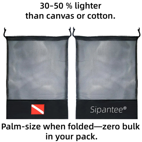 Two black mesh bags from Three Pack Scuba Diving Mesh Bags SMB Pouches For Gear And Snorkeling Equipment Beach Ready Wet Gear Bags Durable Marine Nylon For Fins Masks Regulator And Accessories Storage Organizer For Diving And Swimming displayed.
