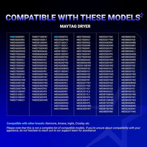 Compatibility list for Maytag dryers with Dryer Heating Element Replacement Compatible With Whirlpool Kenmore Maytag.