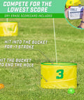 Yard Links Backyard Golf Game Outdoor Chipping Set For Family Fun And Your Crew Easy To Learn On The Lawn Beach Or Park Build A 3 Hole Course Includes 3 Buckets 3 Flags 3 Tee Markers 4 Golf Balls Scorecard And Carry Case. 3-hole set on grass with yellow bucket target and dry-erase scorecard