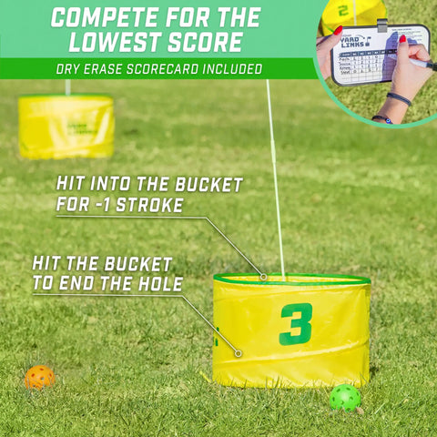 Yard Links Backyard Golf Game Outdoor Chipping Set For Family Fun And Your Crew Easy To Learn On The Lawn Beach Or Park Build A 3 Hole Course Includes 3 Buckets 3 Flags 3 Tee Markers 4 Golf Balls Scorecard And Carry Case. 3-hole set on grass with yellow bucket target and dry-erase scorecard