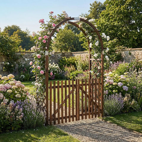 Heavy Duty Wooden Garden Arbor With Gate Trellis For Ceremony And Wedding Decor Garden Arch Pergola in garden setting