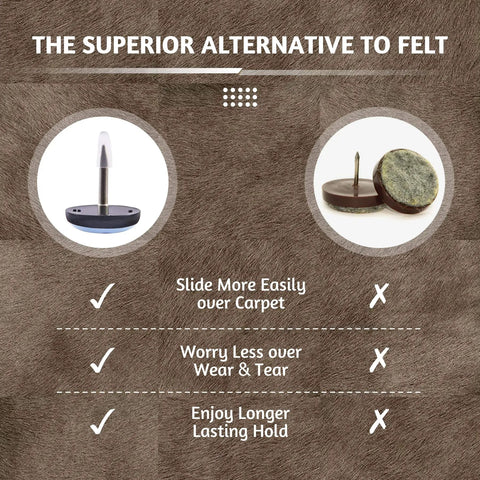 Comparison of 40 Pack Nail On Furniture Sliders 0.75 Inch Chair Glides and felt pads, highlighting benefits over carpet and durability.