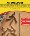 Drywall Anchors And Screws Kit With Drill Bit For Hanging Frames Shelves And Mirrors, 100 Anchors And 100 Screws displayed