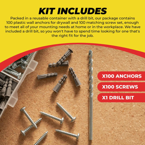 Drywall Anchors And Screws Kit With Drill Bit For Hanging Frames Shelves And Mirrors, 100 Anchors And 100 Screws displayed