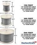 Spools of 316 Stainless Steel Wire Rope Cable in 150, 300, and 500 feet lengths with specifications