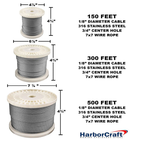 Spools of 316 Stainless Steel Wire Rope Cable in 150, 300, and 500 feet lengths with specifications
