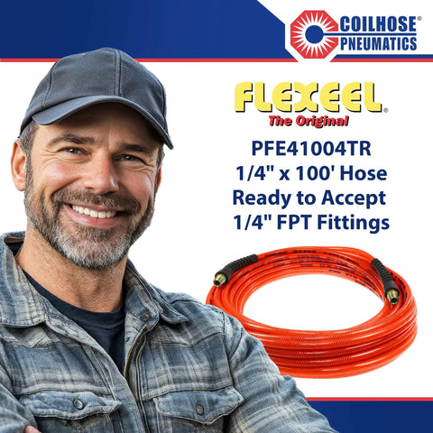 Flexeel Reinforced Polyurethane Air Hose 1/4-Inch ID, 100-Foot, Transparent Red with strain relief fittings next to a smiling man