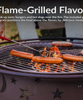 Close-up of sausages and burgers on the grill of a Bronze 30 Inch Outdoor Wood Burning Fire Pit With Grill Grate, Spark Screen, And Poker For Cozy Backyards And Campouts, Large Patio Fire Pit Perfect For Grilling Steaks And Burgers At Family Gatherings.
