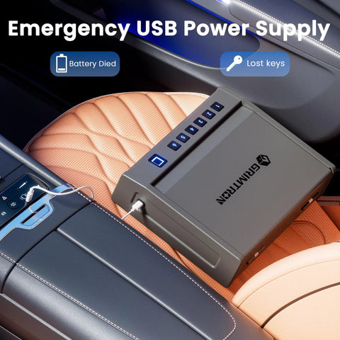 Ready To Go Eight Point Two Pound Heavy Duty Biometric Gun Safe with USB power supply on car seat