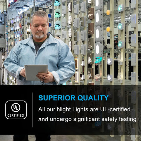 Technician testing Plug In Wall Night Lights With Dusk To Dawn Sensor Ambient Cool White Lighting for safety certification.