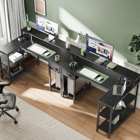 Overhead view of 47 Inch L Shaped Gaming Desk With LED Lights And Power Outlets, Reversible Computer Desk With Shelves and Monitors