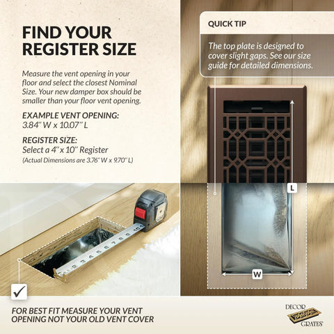 Heavy Duty Metal Louvered Air Vent Cover For 4x10 Floor Vents With Adjustable Damper Decorative Bronze Floor Register Covers Imperfections In Flooring Fits 4x10 Inch Opening Ideal For Home HVAC Floor Or Ceiling Vents with tape measure showing dimensions.