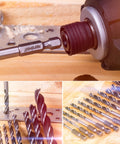 NordWolf 12-piece brad-point wood drill bit set with 1/4 in hex shank, bits shown in drill chuck and arranged on wood