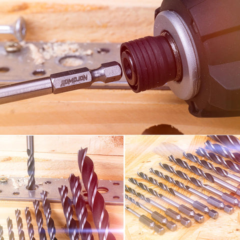 NordWolf 12-piece brad-point wood drill bit set with 1/4 in hex shank, bits shown in drill chuck and arranged on wood