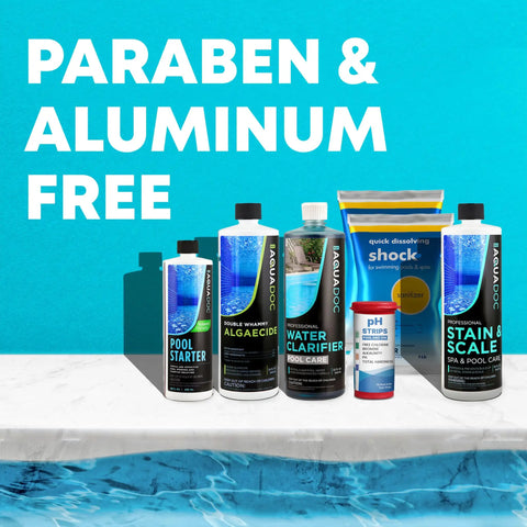 Pool Opening Kit For Inground And Above Ground Pools Kick Off Your Season With This All In One Pool Starter Kit Including Algaecide, Water Clarifier, Shock, Stain And Scale Remover, Test Strips For 15000 To 20000 Gallon Pools displayed on poolside with 'Paraben & Aluminum Free' text
