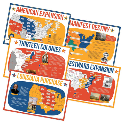 5 Poster Set On American Expansion In US History For Classrooms, Thirteen Colonies, Louisiana Purchase, 12 by 18 inch, classroom decor