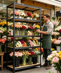 Heavy Duty Garage Shelving 2100 Lbs Capacity With Thick Steel Frames And Reinforced MDF Shelves displaying colorful flower arrangements.