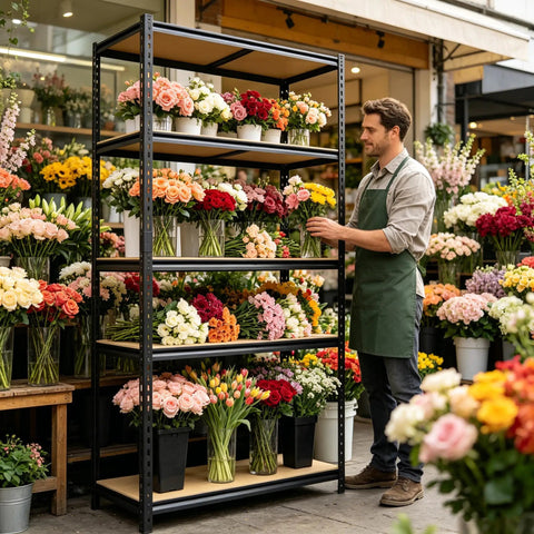 Heavy Duty Garage Shelving 2100 Lbs Capacity With Thick Steel Frames And Reinforced MDF Shelves displaying colorful flower arrangements.
