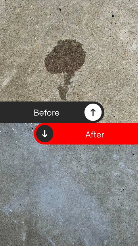 Before and after of concrete cleaned with Oil Stain Be Gone Overnight Cleaner For Concrete Driveways Pavers And Garage Floors