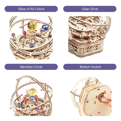 Dope 3D Wooden Puzzle Music Box Kit For Adults Orrery Solar System Mechanical Model details including gear drive and meridian circle.